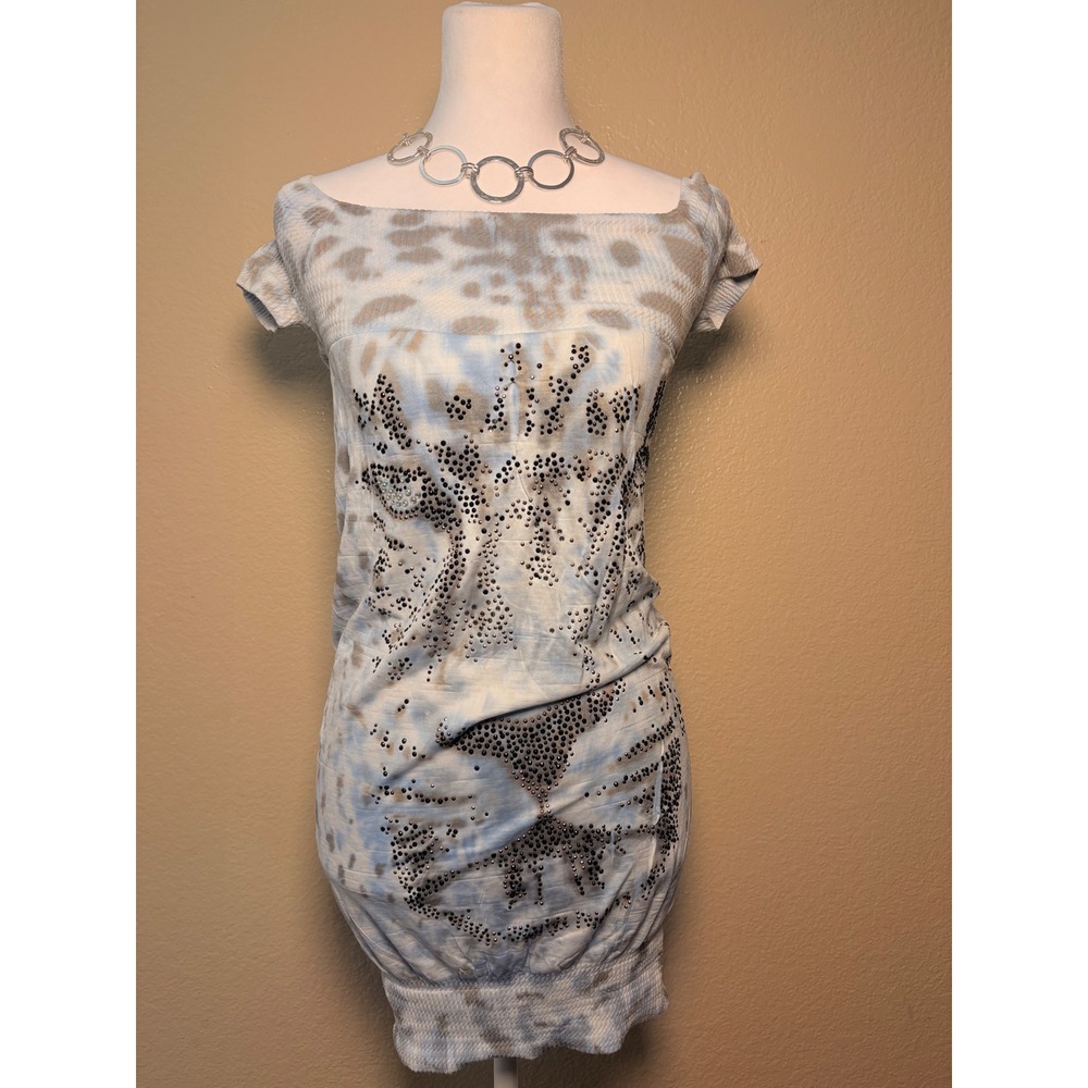Y2K MUSA Cheetah Rhinestone Tie Dye Off Shoulder Mini Dress Blue Grey #9